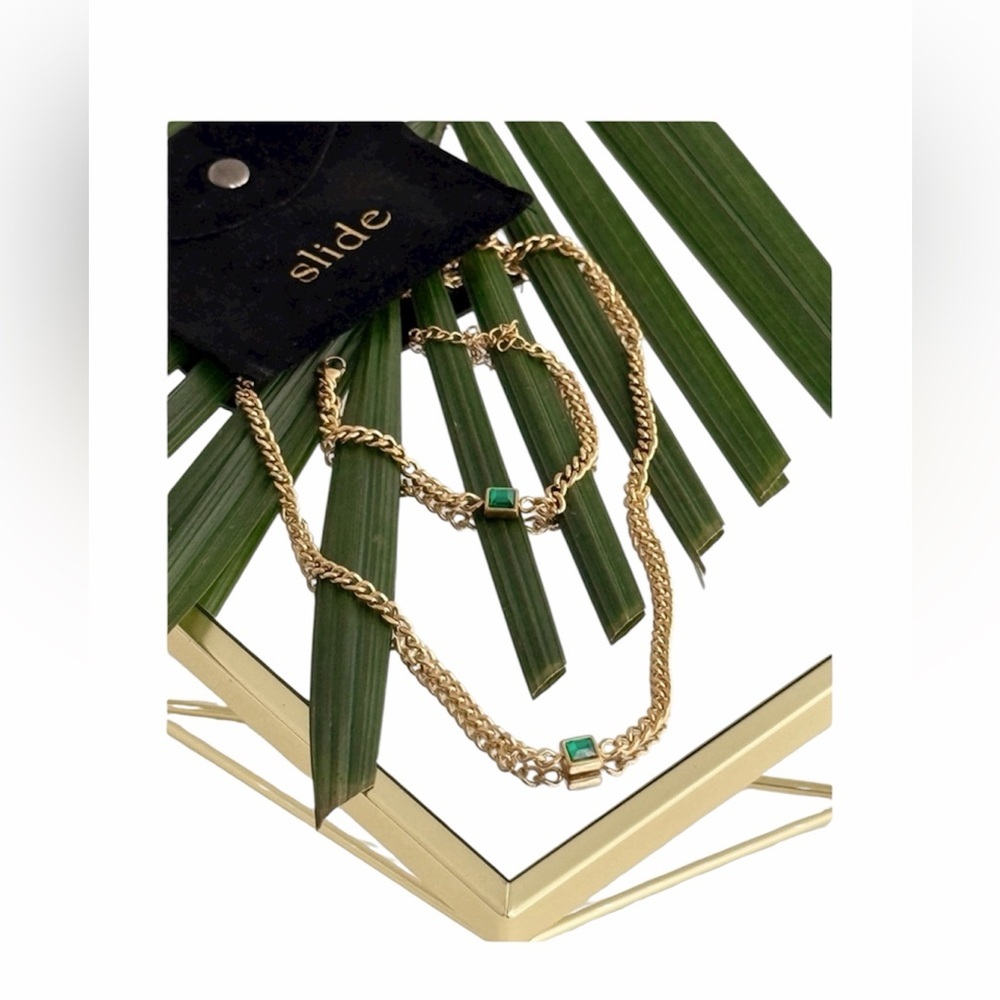 Gold Chain Necklace and Bracelet Set with Green Accents